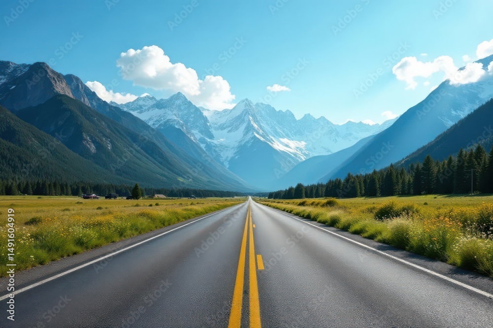 Naklejka premium Asphalt ribbon unwinding towards a majestic snow-capped mountain range under a brilliant summer sky