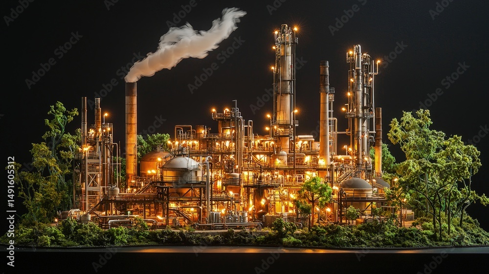 Fototapeta premium Detailed model of an industrial complex at night.