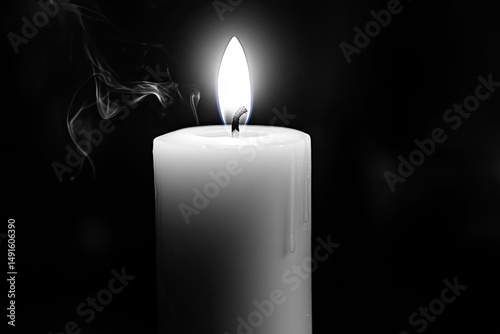 A single, white pillar candle burns brightly against a dark background, emitting a wisp of smoke; wax drips down its side