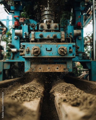 Industrial Machine Processing Soil in Greenhouse Close-up Shot of Automated System in Action with Dirt and Debris
