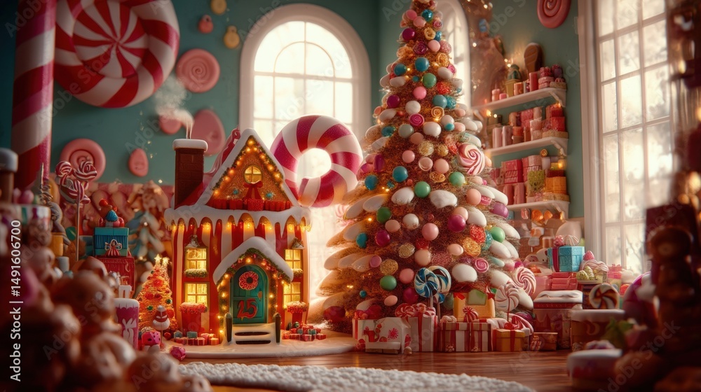 Fototapeta premium Decorated Christmas tree with candy house ornaments in a festive indoor holiday setting.