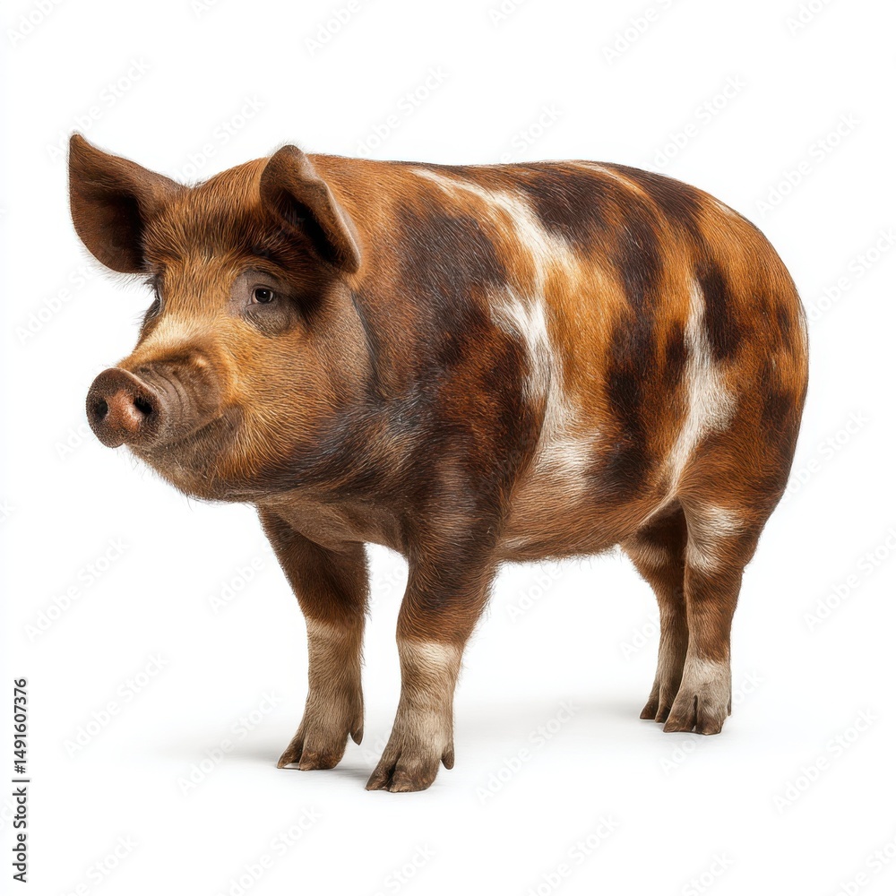 Fototapeta premium Oxford Sandy and Black pig standing in a studio shot on white background facing left showing interesting coloring and detail