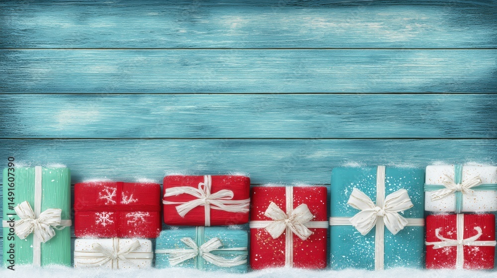 Obraz premium Close-up of wrapped gifts in vibrant paper arranged on a textured blue wooden surface.