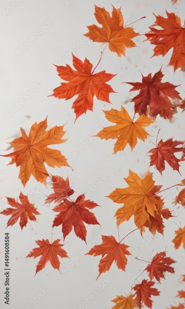 Fototapeta premium Vibrant red and orange maple leaves falling against a pure white backdrop , autumn, maple leaf