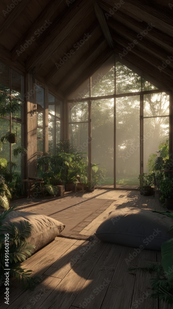 Fototapeta premium Serene sunlit greenhouse interior, lush plants, wooden floor, pillows, tranquil atmosphere, eye-level view, rustic style