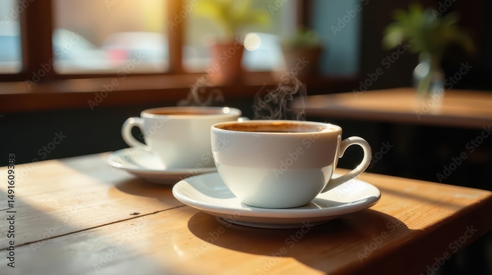 Obraz premium Warm Morning Sunlight Illuminates Steaming Cups of Coffee on a Wooden Table