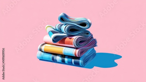 Stack of Colorful Rolled Newspapers on Pink Background Studio Shot Minimalist Style Graphic Resource