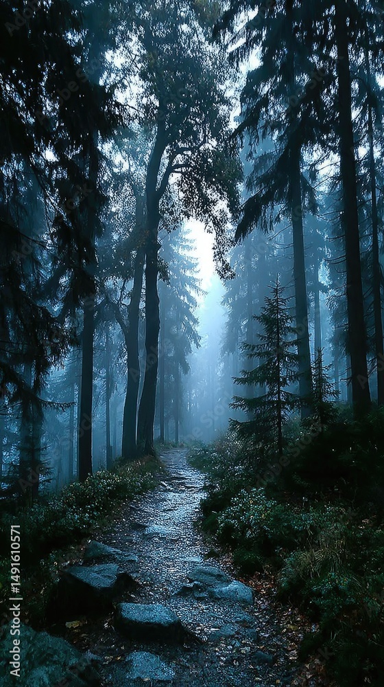Obraz premium A dark forest path shrouded in mist, where mystery lingers in the soft light.