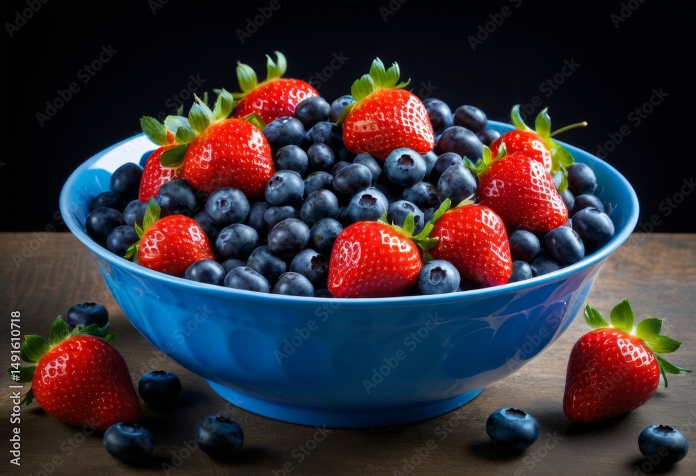 Bowl of blueberries and strawberries on a wooden table Bowl of blueberries and strawberries on a wooden table