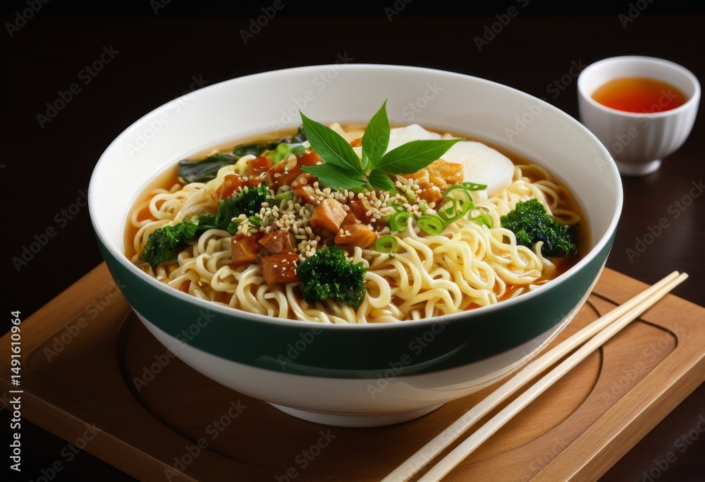 Bowl of broccoli noodles and chopstick meat