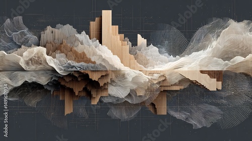 Abstract architectural landscape with textured layers and mirrored reflection