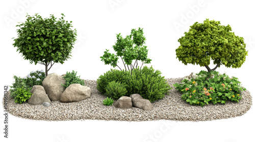 Three small decorative landscaping shrubbery plants with rocks and gravel on a white background landscape design.