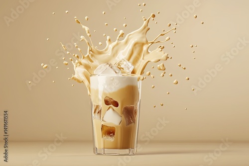 Iced coffee drink splashing dramatically in a clear glass with ice cubes against a beige backdrop; creamy texture