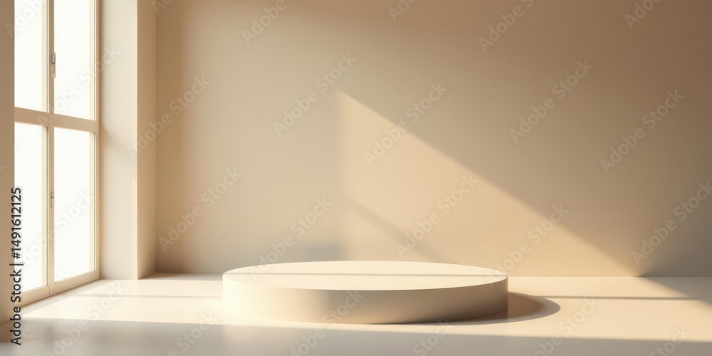 Fototapeta premium Serene Minimalist Interior with Sunlight Illuminating a Circular Display Platform