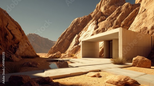 Desert Oasis Modern house built between the rock.