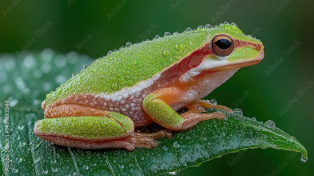 Obraz premium A vibrant tree frog rests on a tropical leaf, embodying nature's delicate beauty.