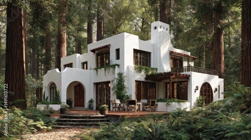 Forest Haven White Spanishstyle Home nestled in Redwood Grove Serene Living.