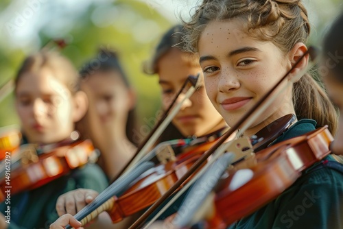 Pixel Perfect Image of High Schoolers Playing Violins Outdoors, Showcasing Passion for Music