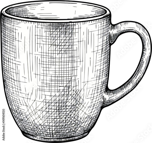 HandDrawn Sketch of a Textured Mug with a Curved Handle - Line Art Vector