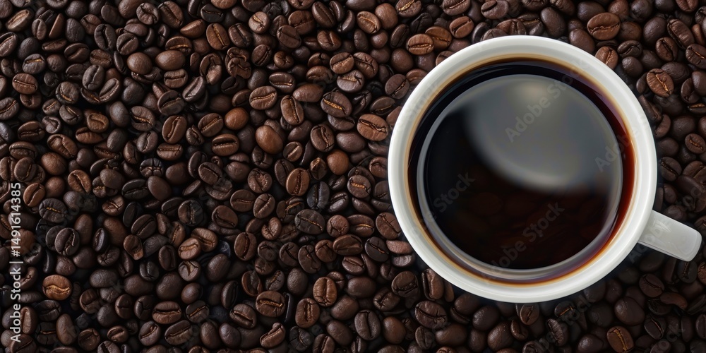 Fototapeta premium A cup of coffee with a white background and coffee beans surrounding it.
