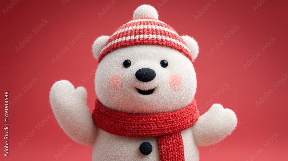 Fototapeta premium Worn teddy bear with red scarf and hat against a plain white background, studio lighting.