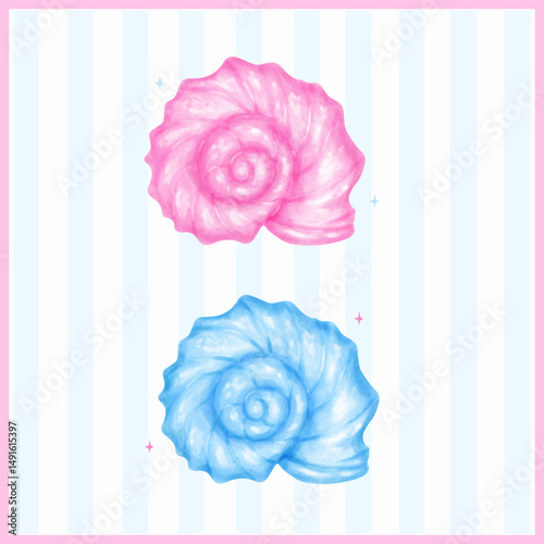 Set of Pastel Curl Conch Seashell Blue and Pink Watercolor Sea Shell