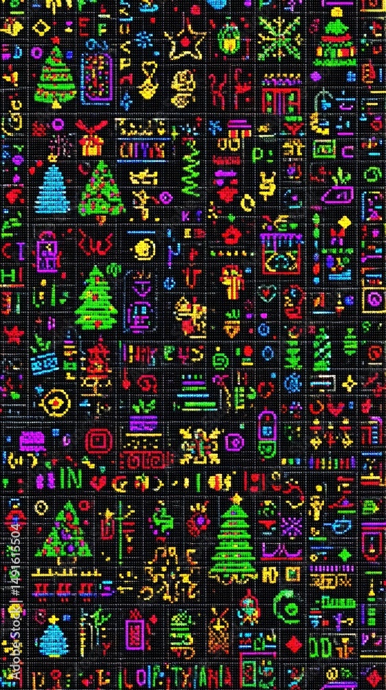 Naklejka premium Colorful assorted symbols scattered on a solid black background, ideal for creative and digital design use.