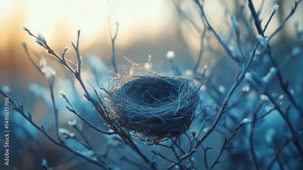 A serene bird's nest resting on branches in soft, blue hues.
