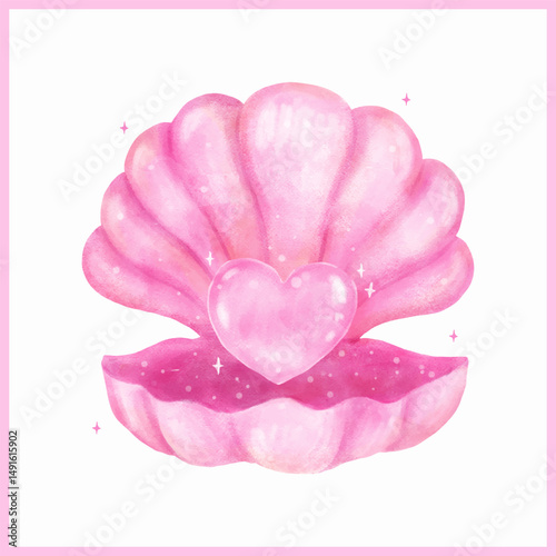Vibrant Pink Open Clam Shell with Pearl Hearted shape Seashell Watercolor