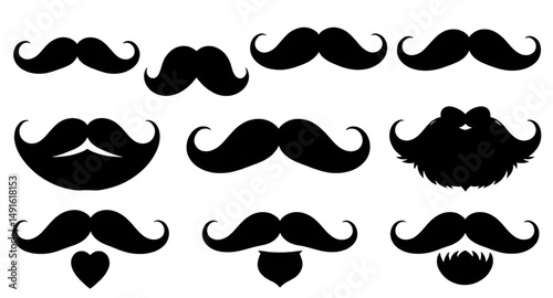 mustache set, handlebar mustache icons, cartoon mustache collection, black mustache silhouettes, barbershop mustache set, different mustache styles, facial hair set, stylish mustache icons, Victorian 