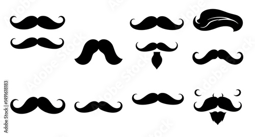retro mustache graphics, curly mustache set, handlebar mustache icons, cartoon mustache collection, black mustache silhouettes, barbershop mustache set, different mustache styles, facial hair set, sty