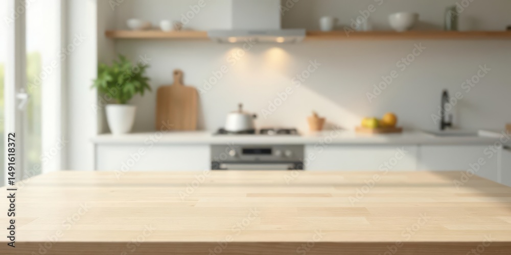 Light Wood Kitchen Tabletop with Blurred Background of Modern Kitchen Light Wood Kitchen Tabletop with Blurred Background of Modern Kitchen