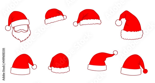 Xmas hat design set, Santa hats with pompom, cartoon Xmas hats, Santa Claus headwear, Christmas accessories set, Santa hat outline, Santa hat drawings, Santa hat flat icons, festive red hats, Santa ha