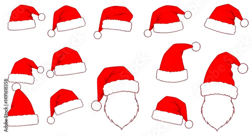 Santa hats artwork, red and white hats, holiday celebration hats, Santa hat doodles, Santa hat illustrations, Xmas hat design set, Santa hats with pompom, cartoon Xmas hats, Santa Claus headwear, Chri