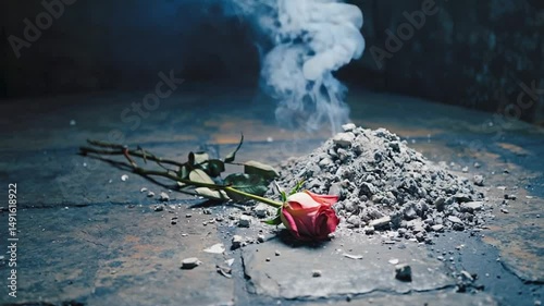 A wilted rose resting on a mound of ash, surrounded by smoke in a dimly lit, abandoned space