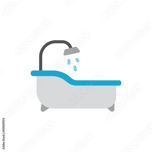 Minimalist bathroom fixture illustration with running shower on transparent background