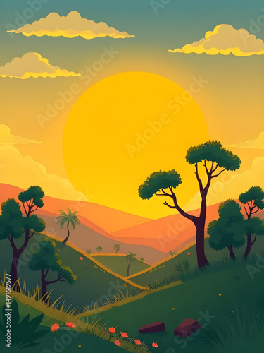 peaceful cartoon landscape, relaxing mountain sunset, calm nature background, meditation scenery cartoon, yoga environment illustration, tranquil valley background, soothing sky landscape, stress free