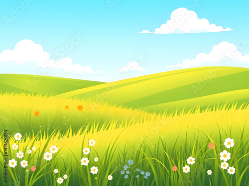 outdoor field, panoramic field, wide meadow, green grassland, farm field, open space, landscape with clouds, blue horizon, nature scenery, summer meadow, sunny landscape, beautiful field, sky and gras