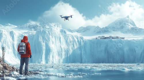 A lone explorer observes a drone above a glacial landscape