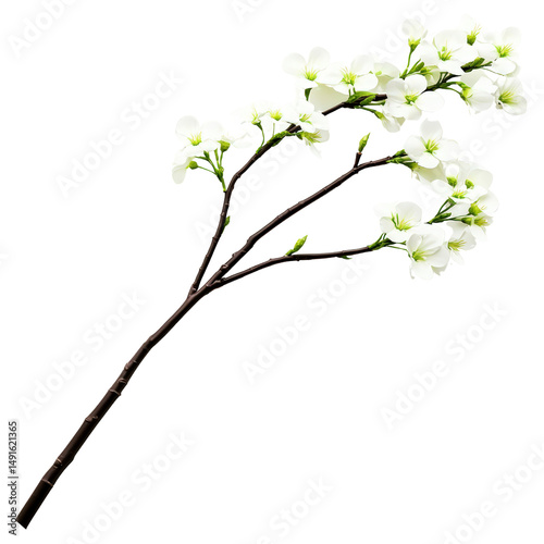 Elegant white flowe branch with delicate blossoms and slender dark stem isolated on a white background for floral design and nature decoration