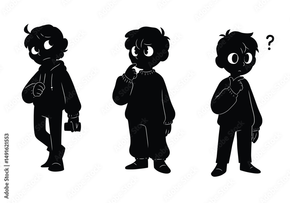 Fototapeta premium Cartoon silhouette. This image shows black cartoon boy outlines in various poses, some with question marks. Vector clipart illustration design.