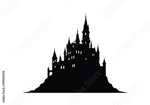 Black and white silhouette. This image shows a dark castle outline, a fantasy fortress on a hill. Vector clipart illustration design.