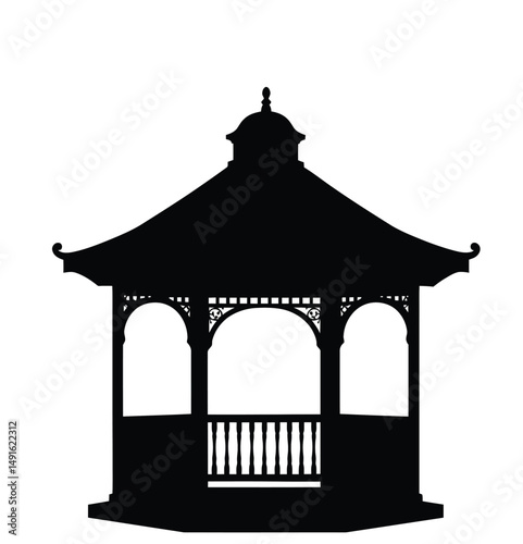 Gazebo silhouette. This image shows a black gazebo outline, an outdoor garden structure with a roof and pillars. Vector clipart illustration design.