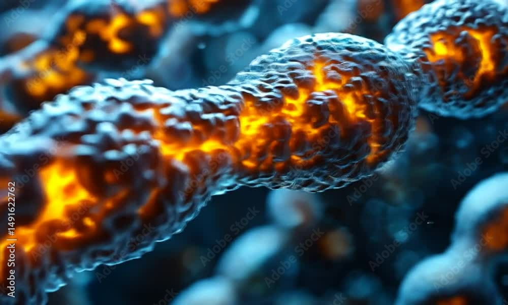Close-up view of glowing, textured microorganisms in a dark environment, showcasing their intricate details
