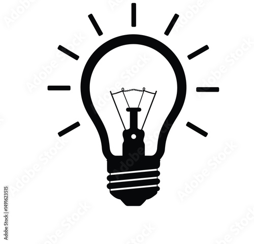 Light bulb silhouette. This image shows a black light bulb outline with radiating lines, symbolizing an idea or light source. Vector clipart illustration design.