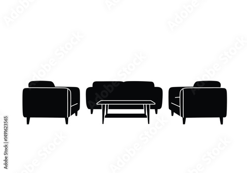 Living room silhouette. This image shows a black living room furniture outline, including a couch, chairs, and table. Vector clipart illustration design.