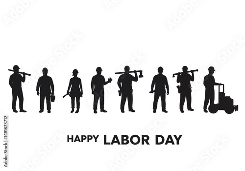 Labor day silhouette. This image shows black silhouettes of workers with tools, celebrating Labor Day. Vector clipart illustration design.