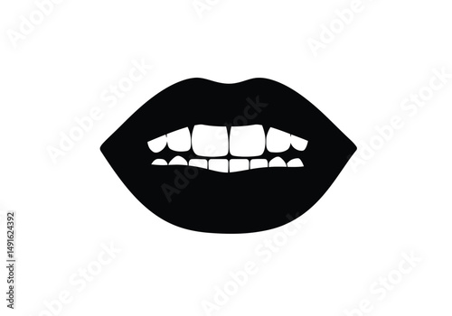 Mouth silhouette. This image shows a black mouth outline with lips and teeth. Vector clipart illustration design.
