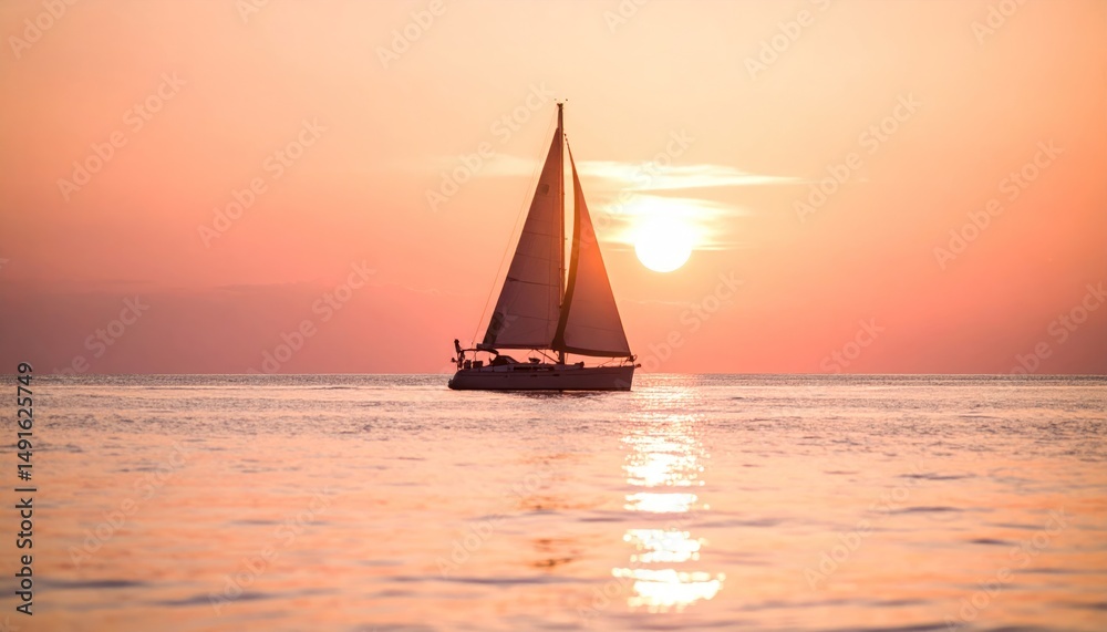 Fototapeta premium Pink sunset with sail silhouette