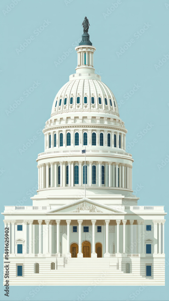 Obraz premium The Capitol building is a large white structure with a dome on top. The building is surrounded by a large plaza and has many windows. The building is a symbol of the United States government